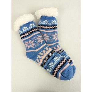 NEW Womens Plush Sherpa Slipper Socks Non Skid Sole Blue Pink Snowflake OS